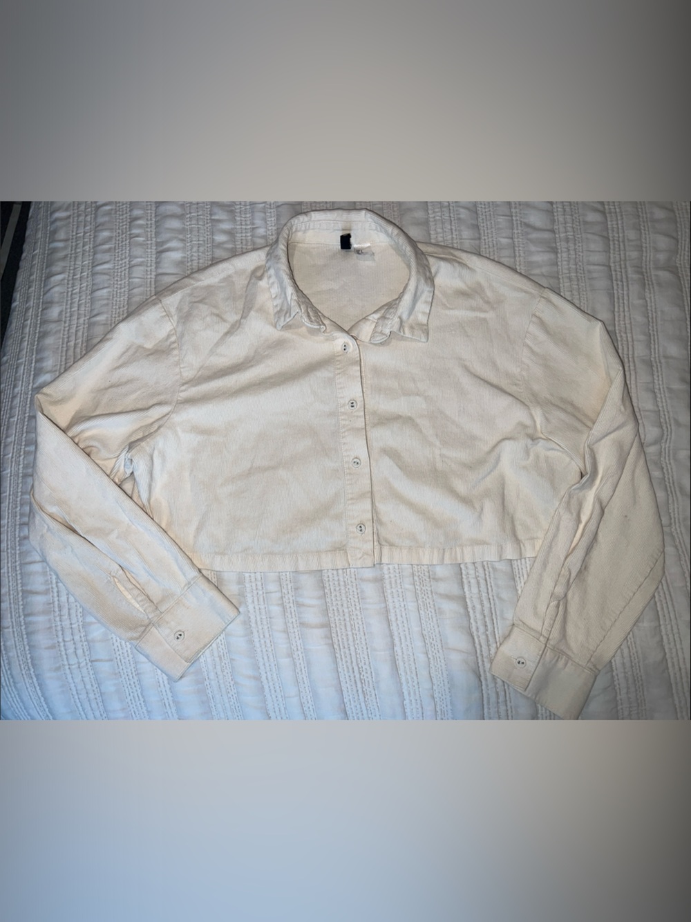 Long-Sleeve Cropped Button-Up Shirt in Off-White